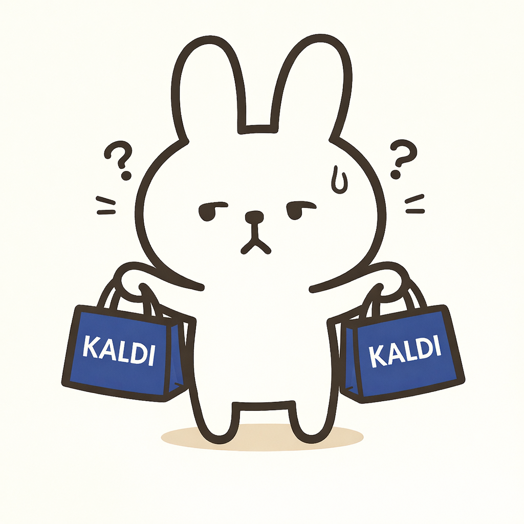 カルディで悩むうさぎと買い物袋