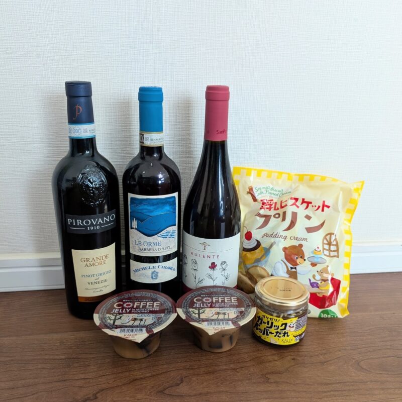 カルディ購入品、ワインとコーヒーゼリー、豆乳ビスケット、ガーリックペッパーだれ